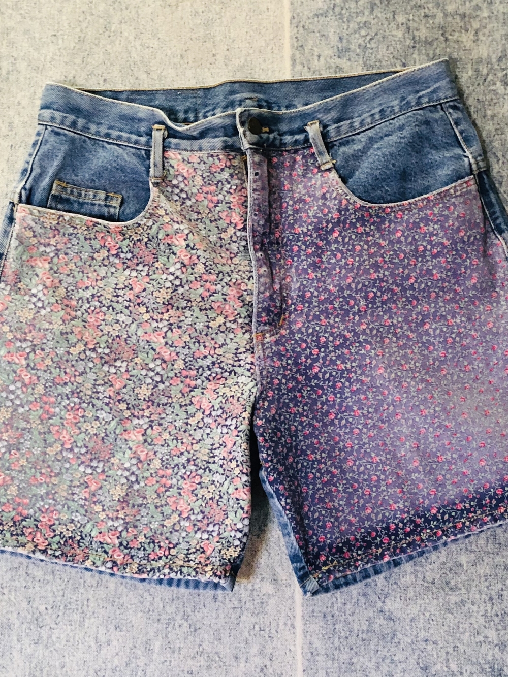 Paris Blues Two-Tone Floral High Waist Shorts - Pink & Blue Panels